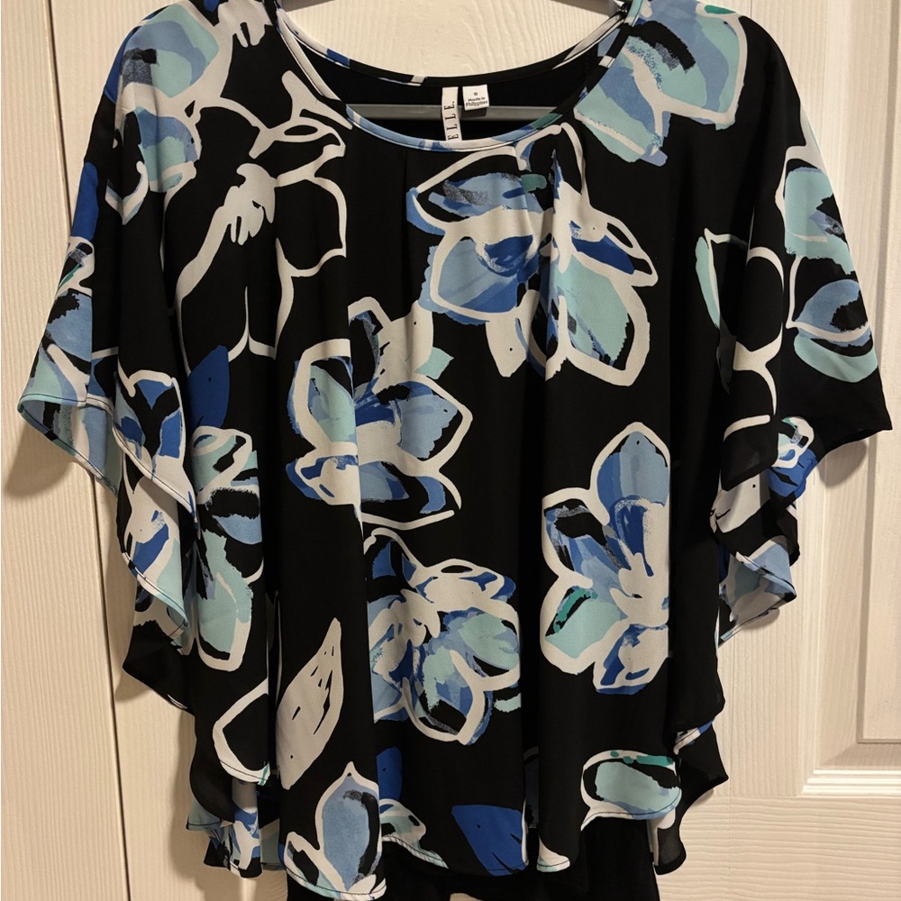 Elle Blue Ruffled Boxy Short Sleeve Blouse